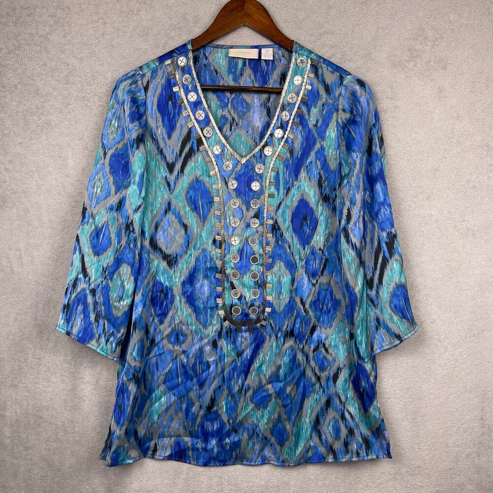 Chicos Womens Ikat Turquoise Tunic Top SZ 0 Artsy Southwestern Blue 3/4 Sleeve